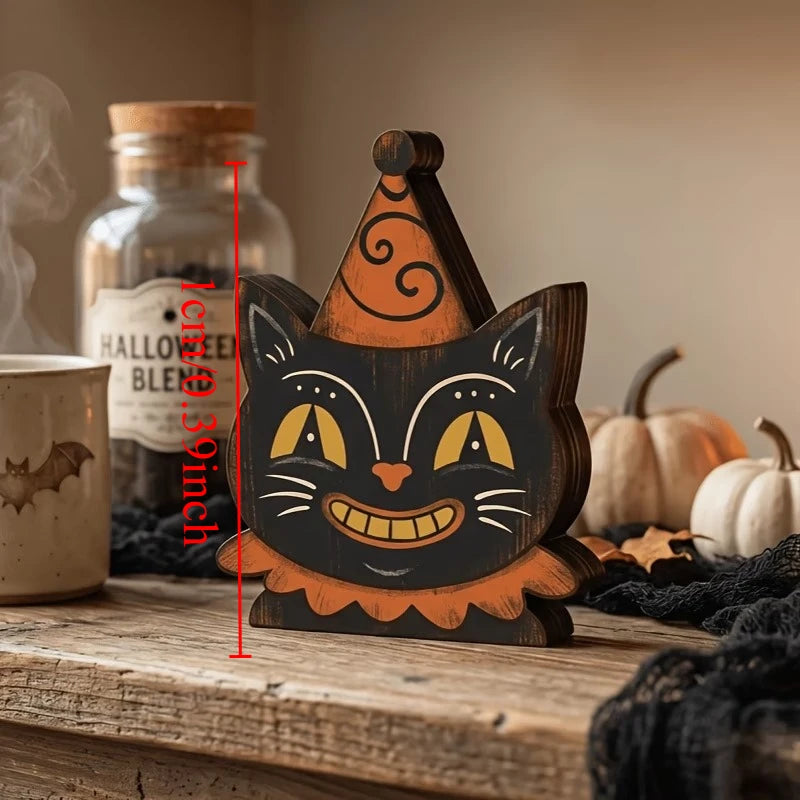 Vintage Halloween Wooden Shelf Sitters, Painted Ghost, Pumpkin, Black Cat, Owl & Skeleton Figures, Set of 6, 4in