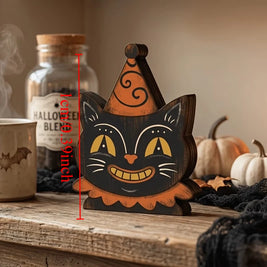 Vintage Halloween Wooden Shelf Sitters, Painted Ghost, Pumpkin, Black Cat, Owl & Skeleton Figures, Set of 6, 4in
