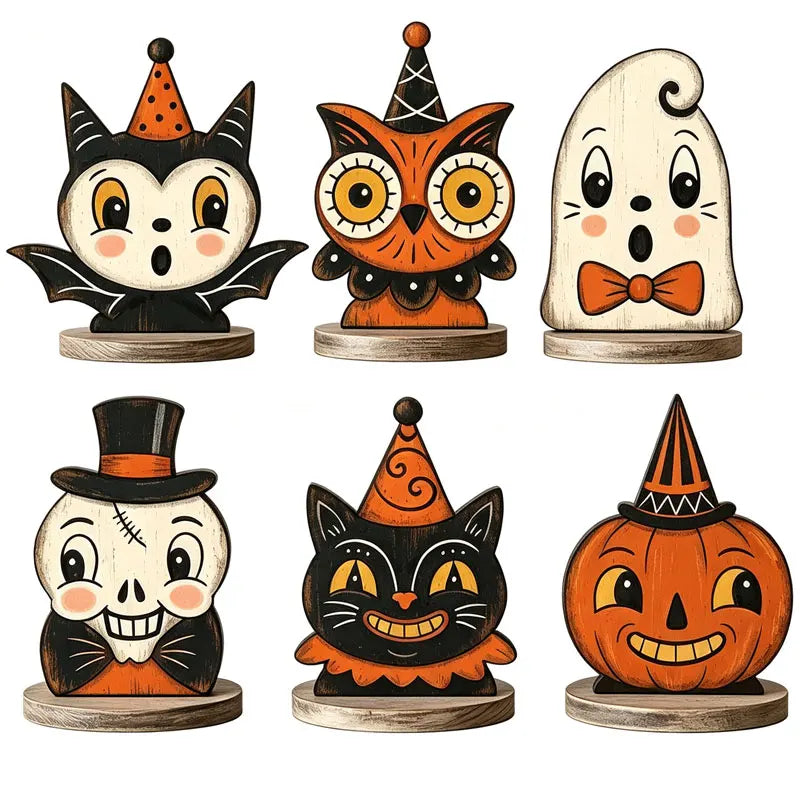 Vintage Halloween Wooden Shelf Sitters, Painted Ghost, Pumpkin, Black Cat, Owl & Skeleton Figures, Set of 6, 4in