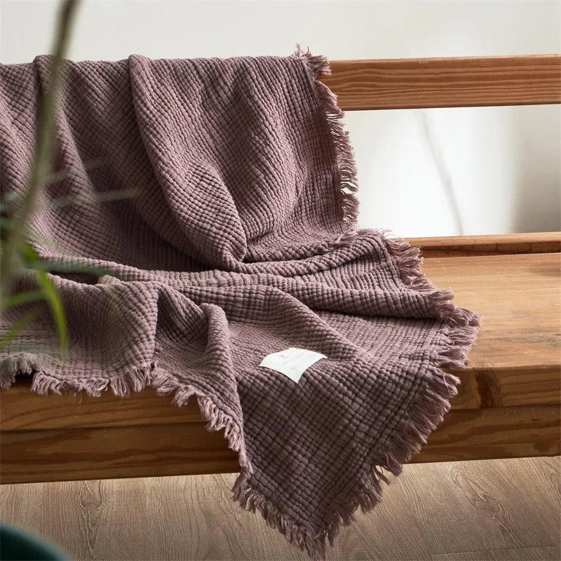 Four Layer Cotton Gauze Blanket with Tassels, Breathable Sofa Throw & Bed Blanket, 100% Cotton, 7 Colors, 2 Sizes