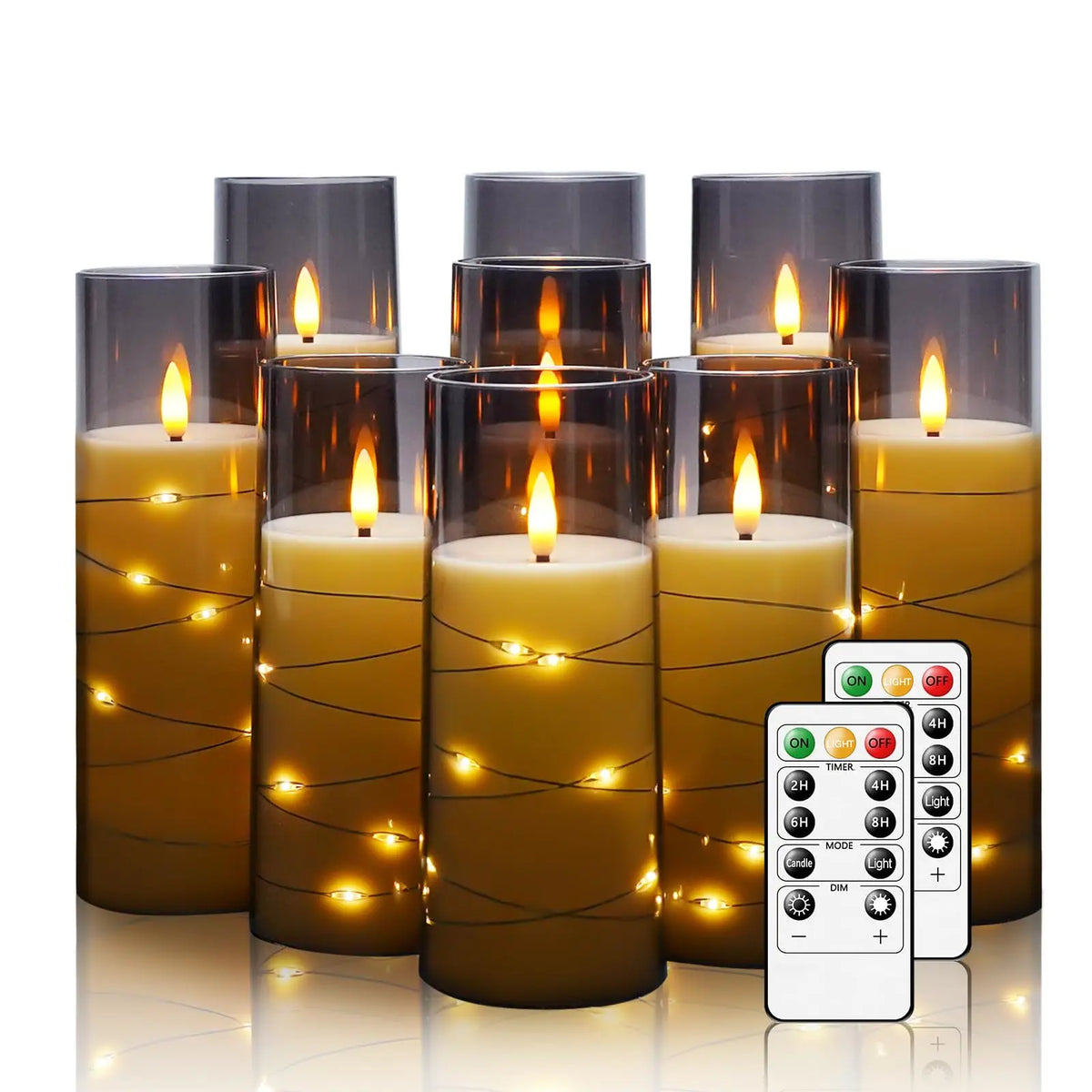 Flameless LED Pillar Candles with Remote, Flickering Battery Operated Candles with Star String Lights, Set of 5, 5.5-7.8in