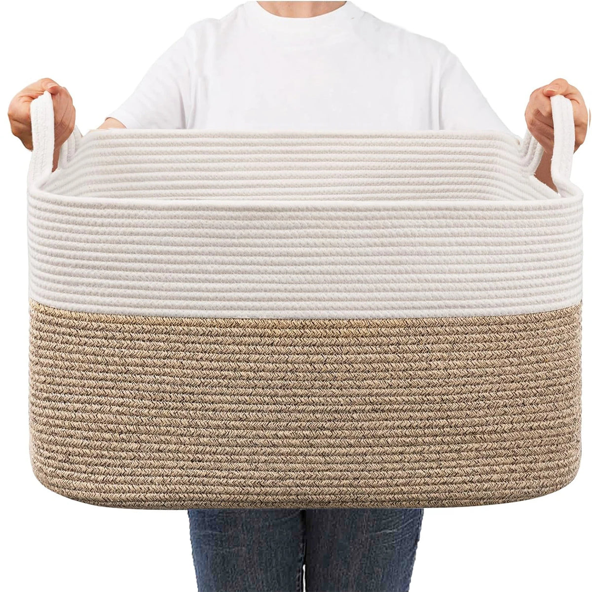 Large Woven Rope Storage Basket with Handles, Laundry, Blanket & Toy Basket, Halloween Candy Bin, 6 Colors, 19 x 13.4in