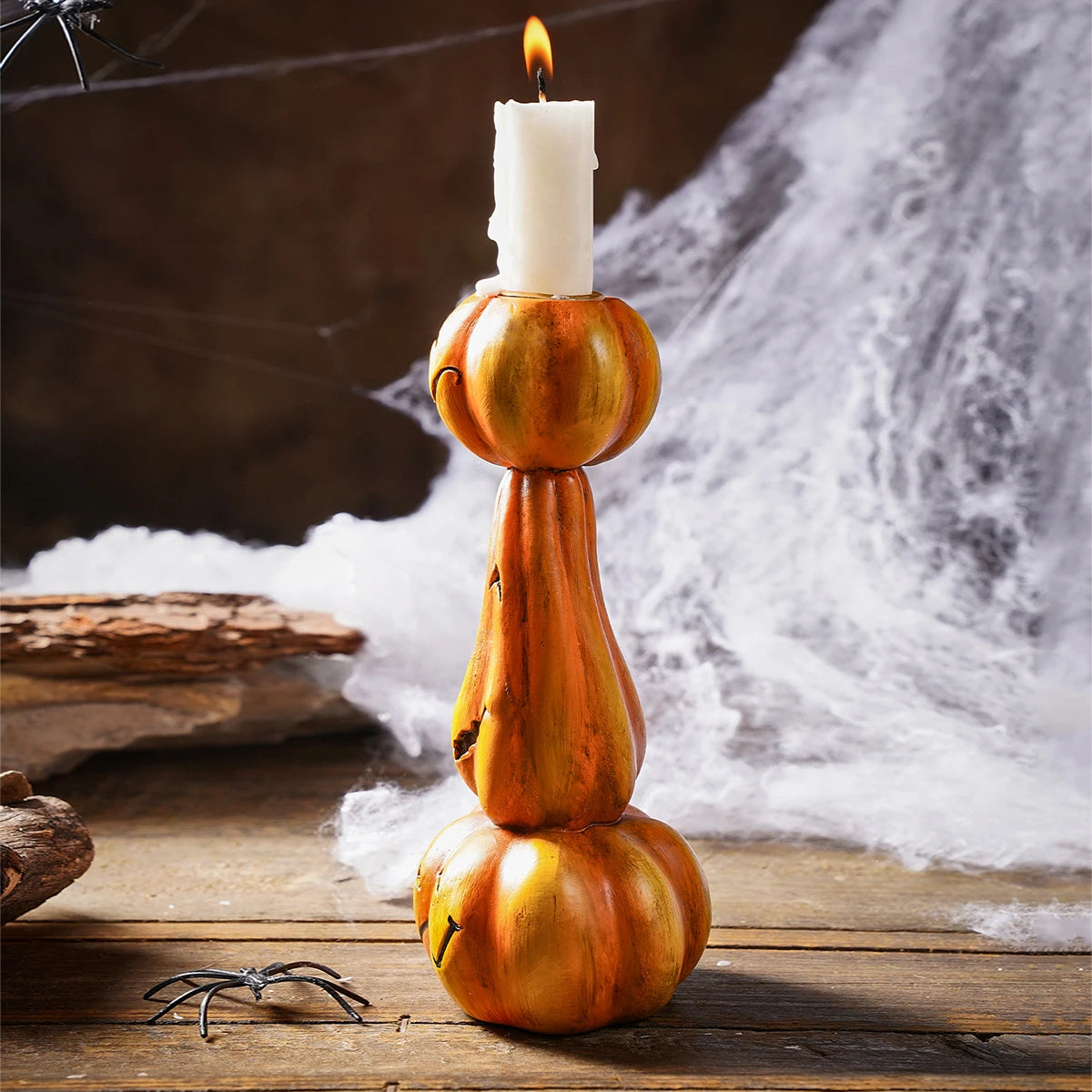 Pack of 5 Stacked Pumpkin Candlestick, Halloween Taper Candle Holder for Mantel & Table, Jack-o'-Lantern Faces, Resin, 6.9in
