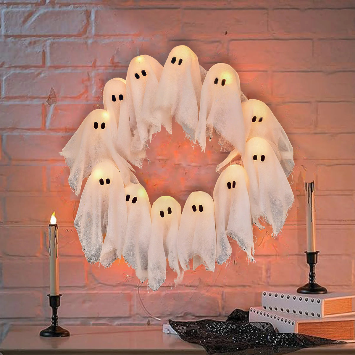 Pack of 3 Light Up Ghost Wreaths, Halloween Front Door Wreath with 12 LED Lights, Battery Operated Spooky Door Decor, 15.7in