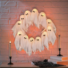 Pack of 3 Light Up Ghost Wreaths, Halloween Front Door Wreath with 12 LED Lights, Battery Operated Spooky Door Decor, 15.7in