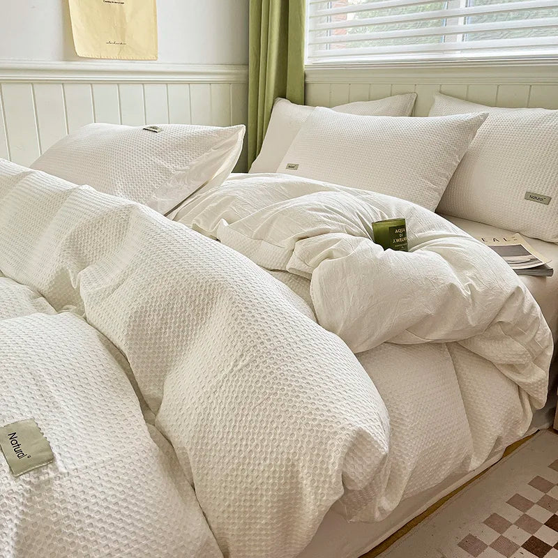 Waffle Weave Bedding Set of 4 with Duvet Cover, Flat Sheet & 2 Pillowcases, 100% Cotton, No Filling, 4 Colors, 2 Sizes