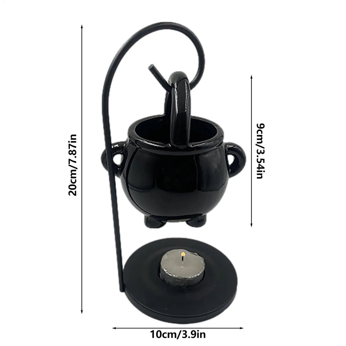 Ceramic Cauldron Wax Melt Burner, Halloween Witch Oil Warmer & Tealight Holder, Hanging Pot on Iron Stand, 7.9in