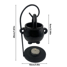 Ceramic Cauldron Wax Melt Burner, Halloween Witch Oil Warmer & Tealight Holder, Hanging Pot on Iron Stand, 7.9in