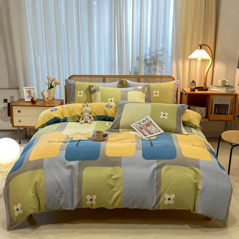 Retro Print Bedding Set of 4 with Duvet Cover, Flat Sheet & 2 Pillowcases, 100% Cotton, Brushed Finish, 23 Designs, 2 Sizes