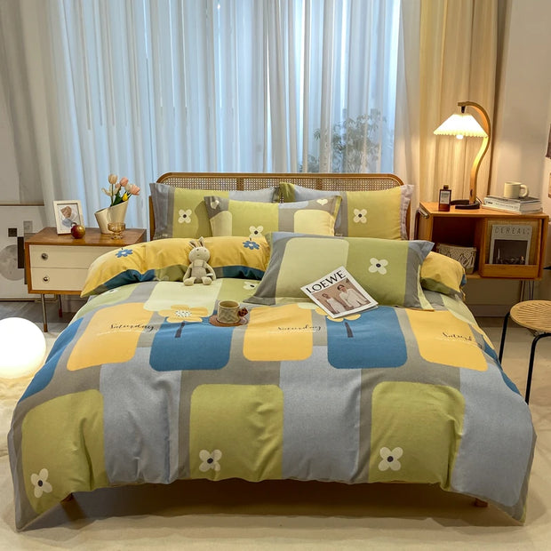 Retro Print Bedding Set of 4 with Duvet Cover, Flat Sheet & 2 Pillowcases, 100% Cotton, Brushed Finish, 23 Designs, 2 Sizes