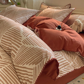 Washed Cotton Bedding Set of 4 with Duvet Cover, Flat Sheet & 2 Pillowcases, 100% Cotton, Brushed Finish, 12 Designs, 3 Sizes
