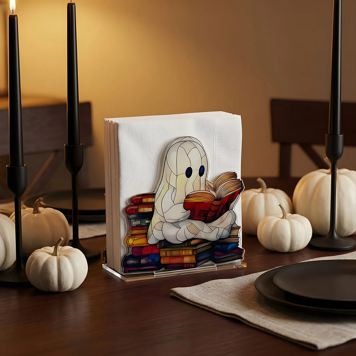 Pack of 6 Halloween Napkin Holder,s Printed Acrylic Ghost Design with Stained-Glass Look for Kitchen & Dining Table, 4 Designs, 4.7in