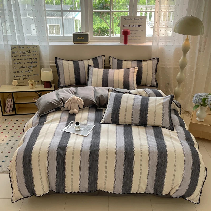 Washed Cotton Bedding Set of 4 with Duvet Cover, Flat Sheet & 2 Pillowcases, 100% Cotton, Brushed Finish, 12 Designs, 3 Sizes