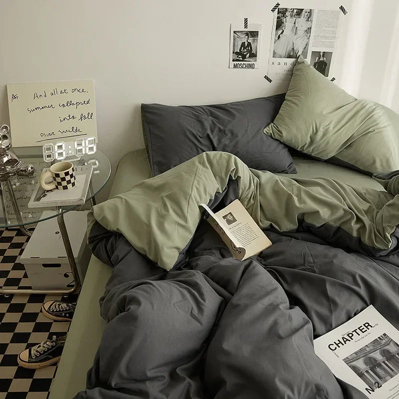 Washed Cotton Bedding Set of 4, Soft Duvet Cover, Sheet & Pillowcases, Solid Color, 14 Colors, 5 Sizes
