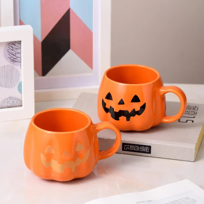 Pack of 3 Pumpkin Mugs, Ceramic Jack-o'-Lantern Coffee Cup for Halloween & Fall, Glossy Orange, Black or Gold Face, 13.5oz, 3.2in