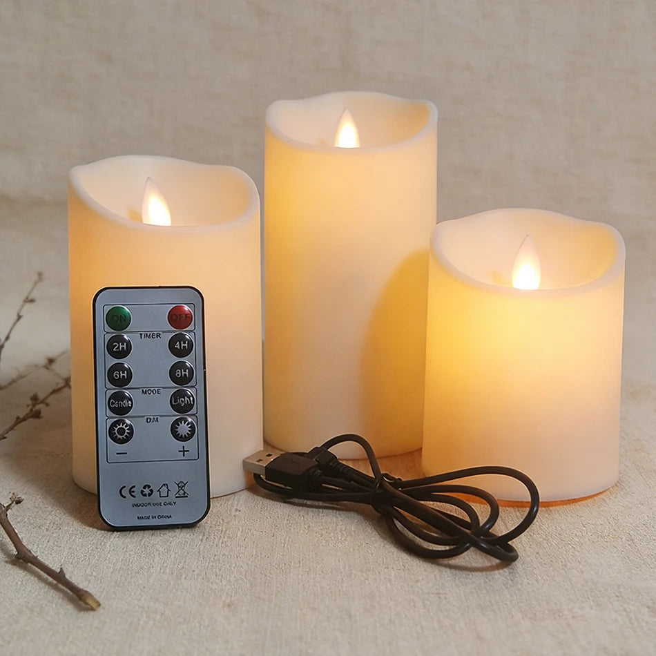 Rechargeable Flameless Candles with Remote, USB LED Pillar Candles with Moving Flame, Ivory Wax Look, Set of 3, 4-6in
