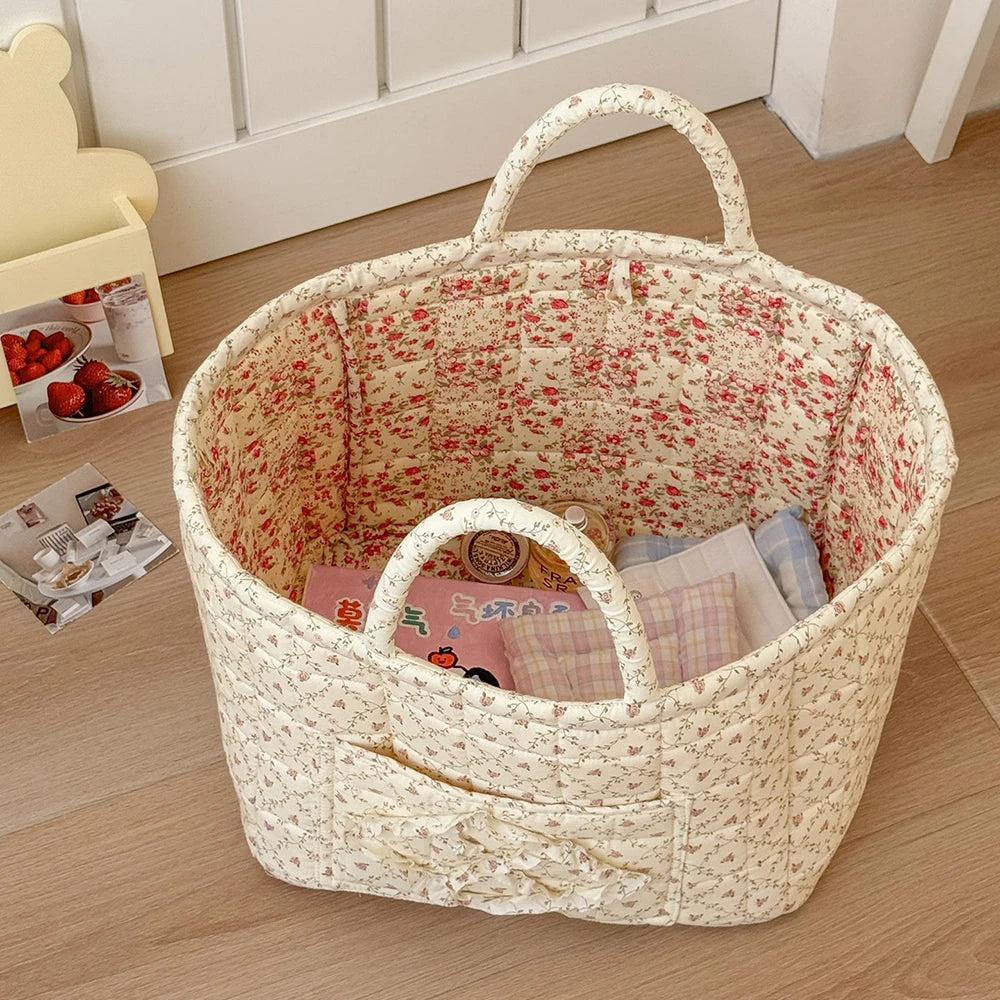 Quilted Cotton Storage Basket with Handles, Floral Tote Basket for Halloween Candy, Toys & Blankets, 9 Patterns, 12.6in