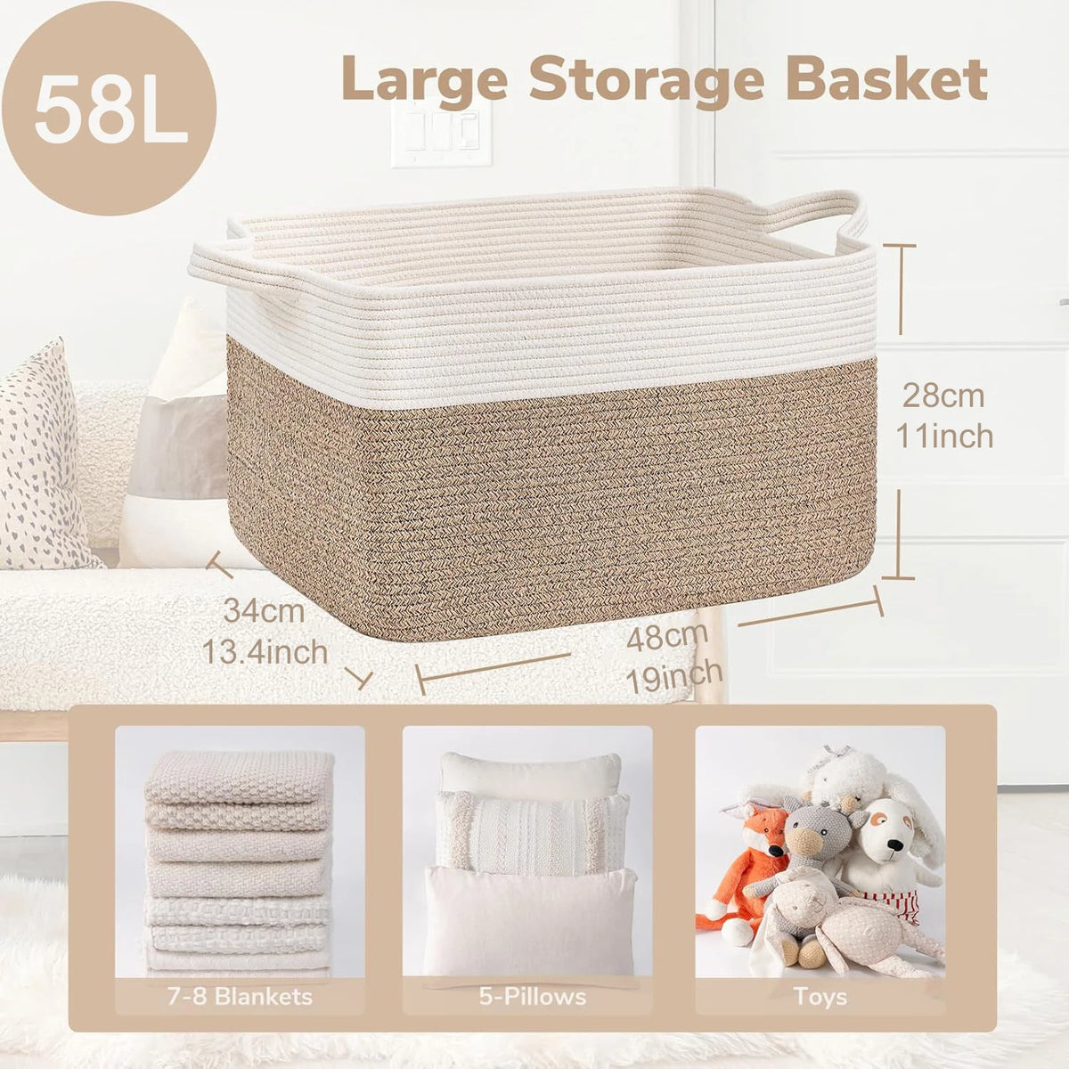 Large Woven Rope Storage Basket with Handles, Laundry, Blanket & Toy Basket, Halloween Candy Bin, 6 Colors, 19 x 13.4in