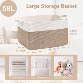 Large Woven Rope Storage Basket with Handles, Laundry, Blanket & Toy Basket, Halloween Candy Bin, 6 Colors, 19 x 13.4in