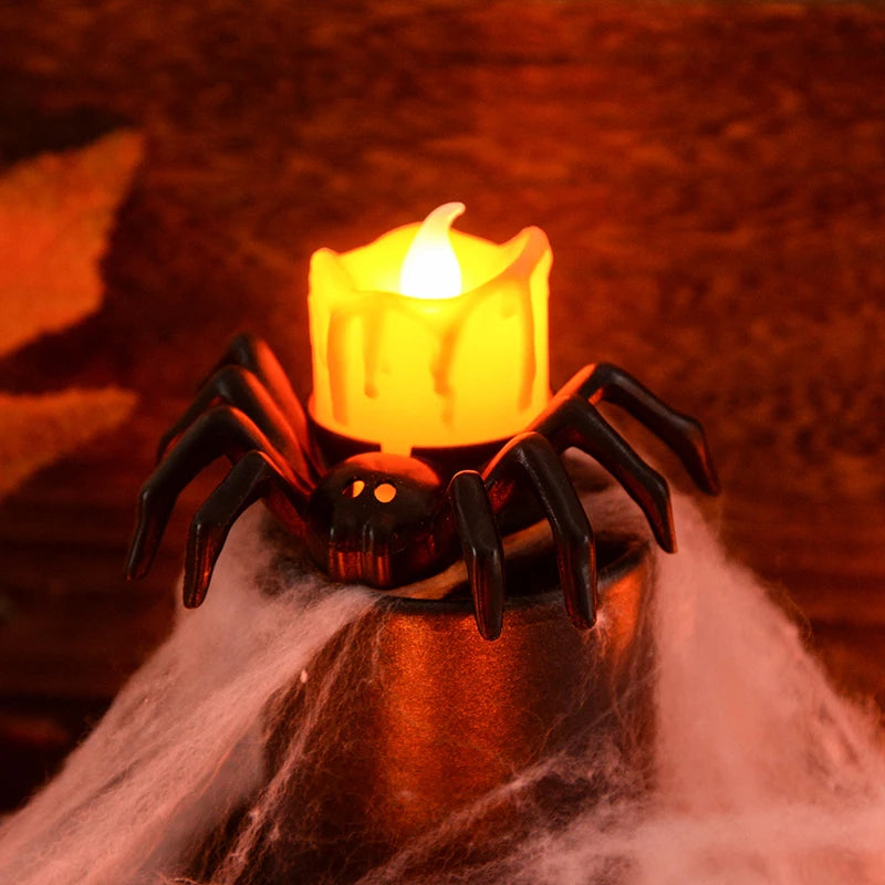 Spider LED Tealight Candles, Halloween Flameless Candles for Table & Haunted House Decor, Black Spider Base, Set of 10, 3.3in