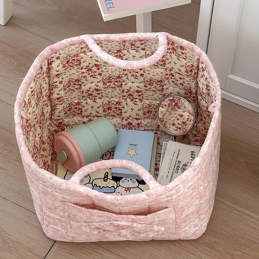 Quilted Cotton Storage Basket with Handles, Floral Tote Basket for Halloween Candy, Toys & Blankets, 9 Patterns, 12.6in