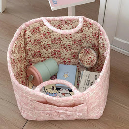 Quilted Cotton Storage Basket with Handles, Floral Tote Basket for Halloween Candy, Toys & Blankets, 9 Patterns, 12.6in