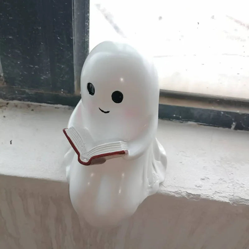 Pack of 3 Ghost Reading Book Lamp, Halloween Ghost Night Light & Shelf Decor, Battery Operated Glowing White Ghost with Book, 5.5in