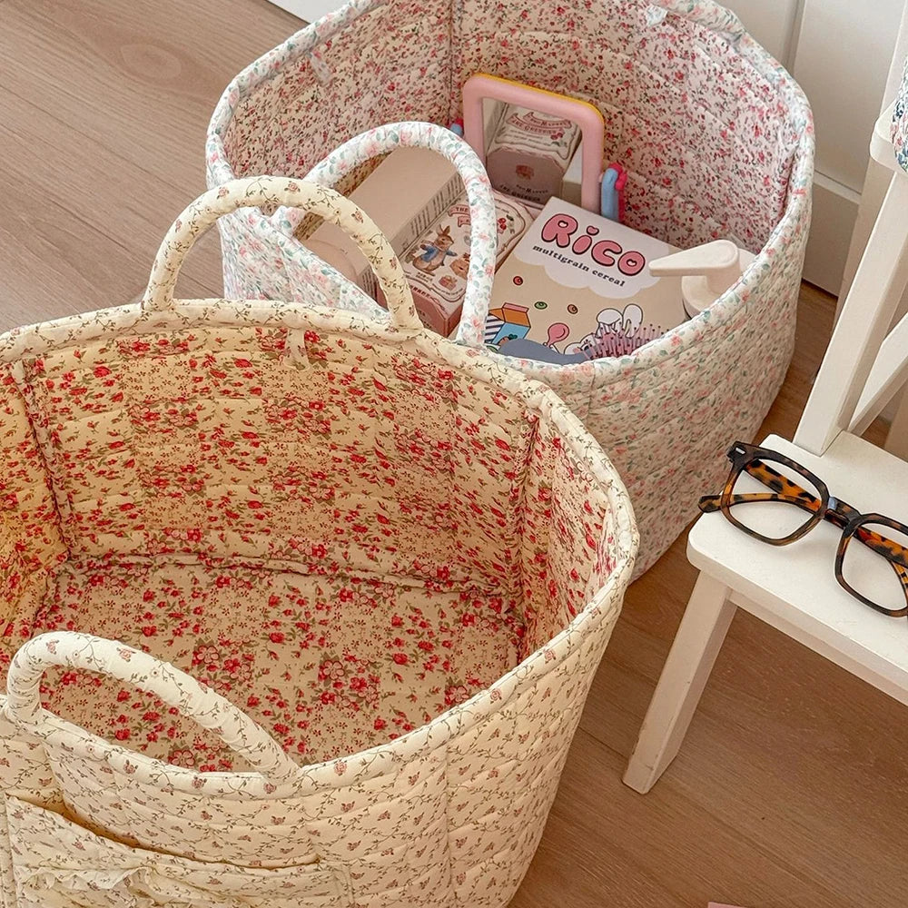 Quilted Cotton Storage Basket with Handles, Floral Tote Basket for Halloween Candy, Toys & Blankets, 9 Patterns, 12.6in