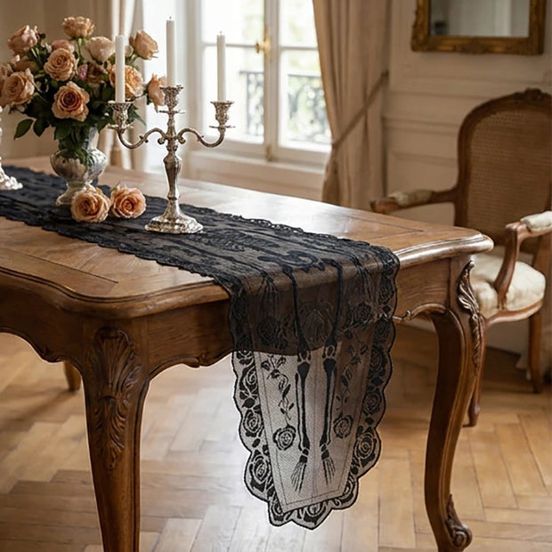 Halloween Table Runner, Black Lace Skeleton & Rose Gothic Table Decor, Coffin Shape with Scalloped Edge, 23.6 x 72in