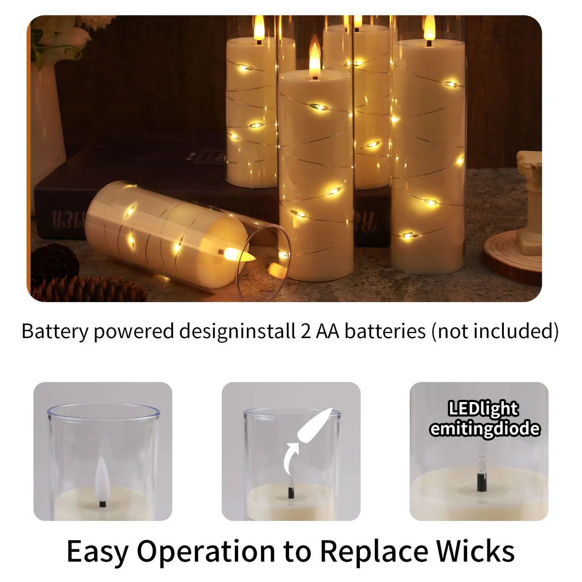Flameless LED Pillar Candles with Remote, Flickering Battery Operated Candles with Star String Lights, Set of 5, 5.5-7.8in