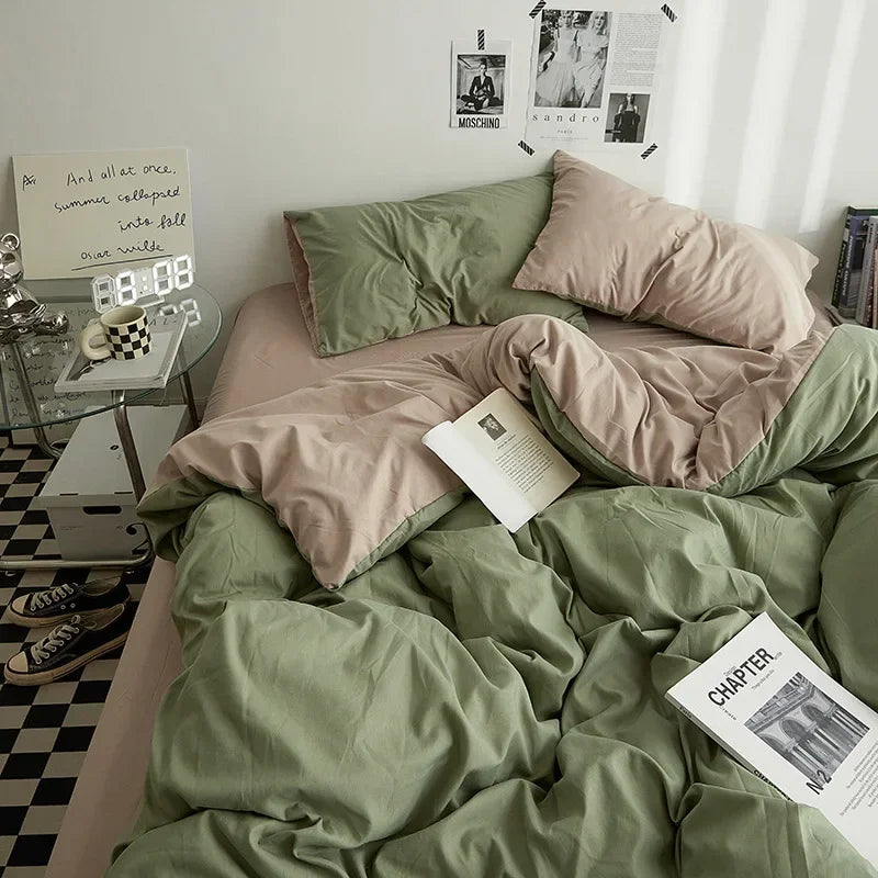 Washed Cotton Bedding Set of 4, Soft Duvet Cover, Sheet & Pillowcases, Solid Color, 14 Colors, 5 Sizes