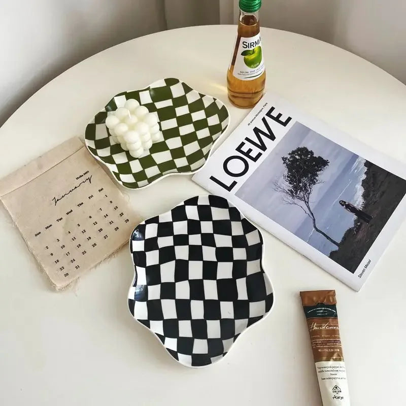 Checkered Ceramic Tray, Round Catchall Tray & Retro Serving Plate, 9.1in