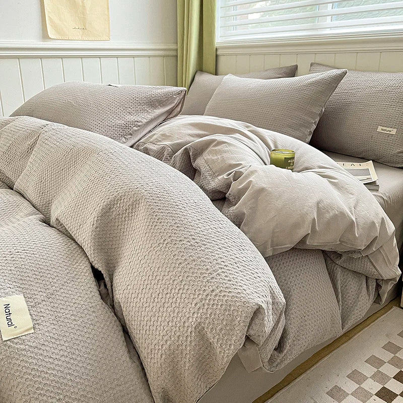 Waffle Weave Bedding Set of 4 with Duvet Cover, Flat Sheet & 2 Pillowcases, 100% Cotton, No Filling, 4 Colors, 2 Sizes