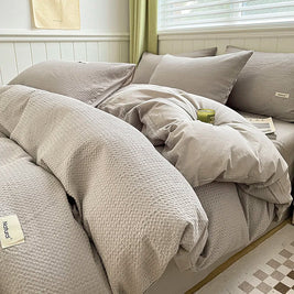 Waffle Weave Bedding Set of 4 with Duvet Cover, Flat Sheet & 2 Pillowcases, 100% Cotton, No Filling, 4 Colors, 2 Sizes