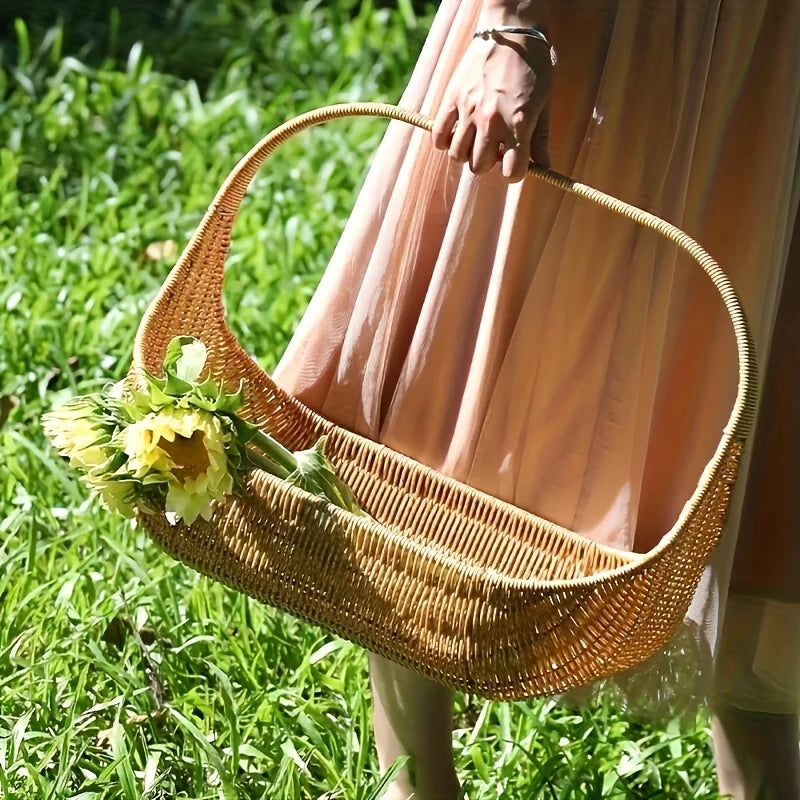 Rattan-Look Woven Basket with Handle, Trick-or-Treat Candy Basket, Picnic & Flower Basket, Natural Tan, 14.5in