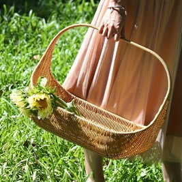 Rattan-Look Woven Basket with Handle, Trick-or-Treat Candy Basket, Picnic & Flower Basket, Natural Tan, 14.5in