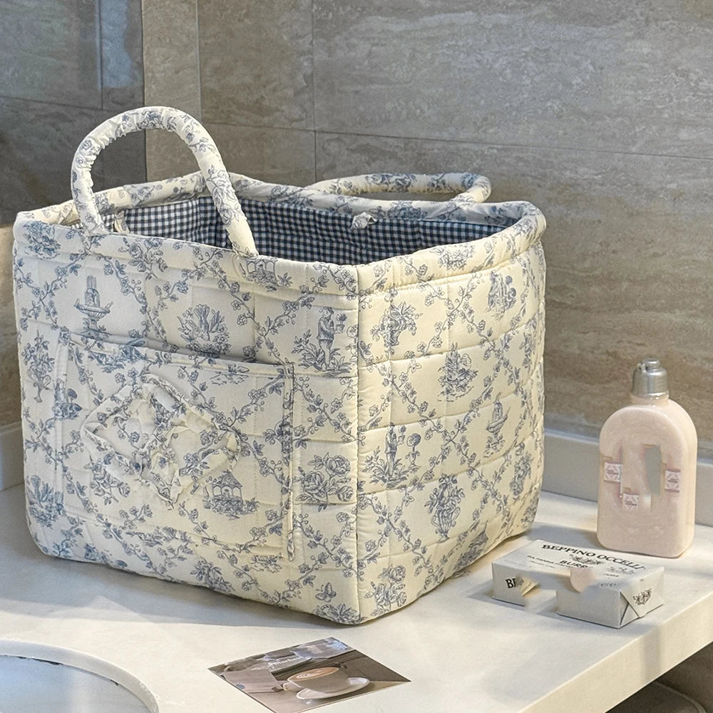 Quilted Cotton Storage Basket with Handles, Floral Tote Basket for Halloween Candy, Toys & Blankets, 9 Patterns, 12.6in