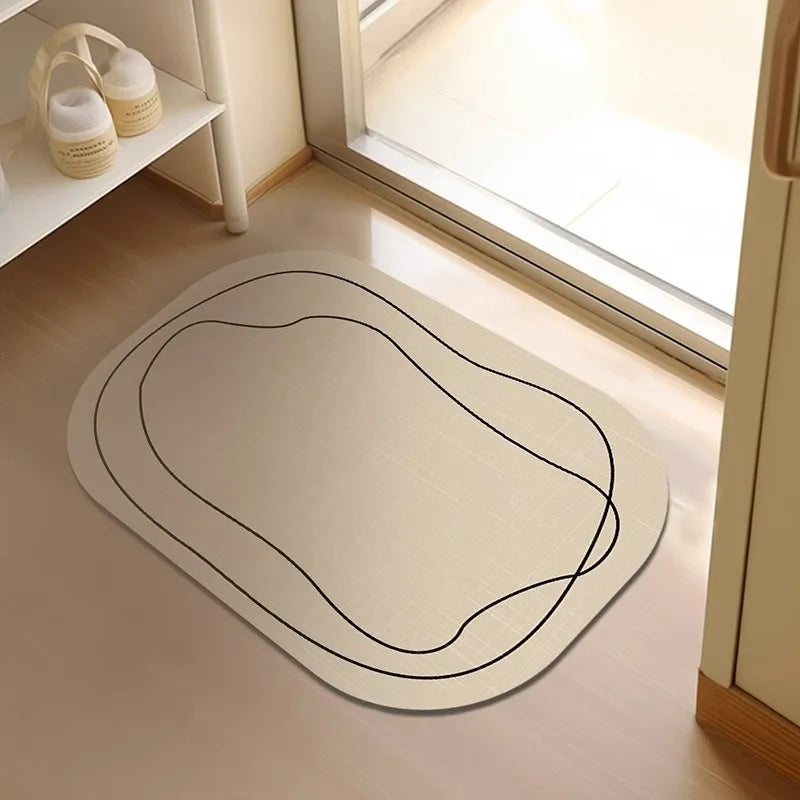 Oval Bath Mat with Geometric Line Pattern, Neutral Shower Room & Bathroom Rug, Non Slip Quick Dry, 4 Styles, 20x31in