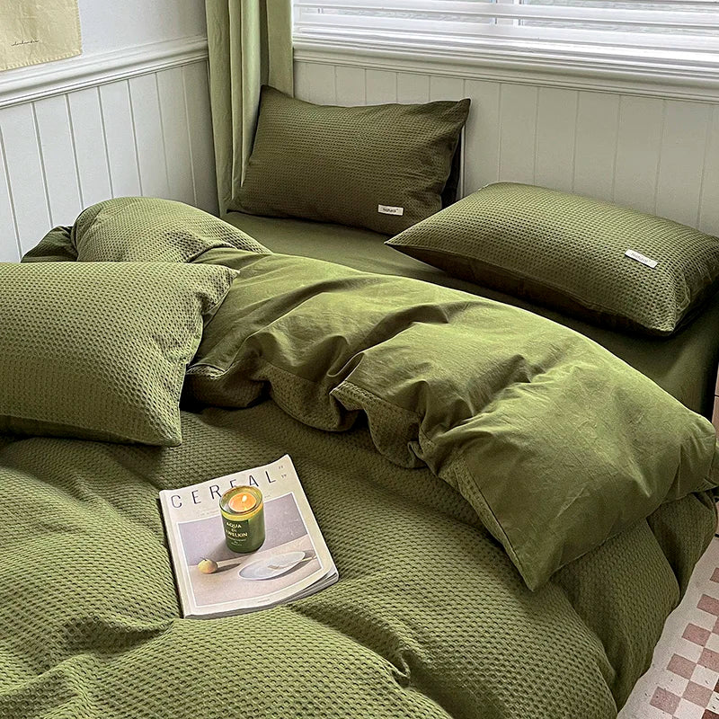 Waffle Weave Bedding Set of 4 with Duvet Cover, Flat Sheet & 2 Pillowcases, 100% Cotton, No Filling, 4 Colors, 2 Sizes