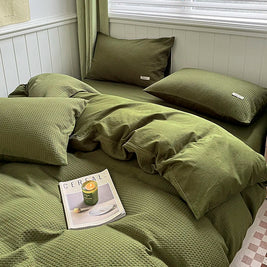 Waffle Weave Bedding Set of 4 with Duvet Cover, Flat Sheet & 2 Pillowcases, 100% Cotton, No Filling, 4 Colors, 2 Sizes