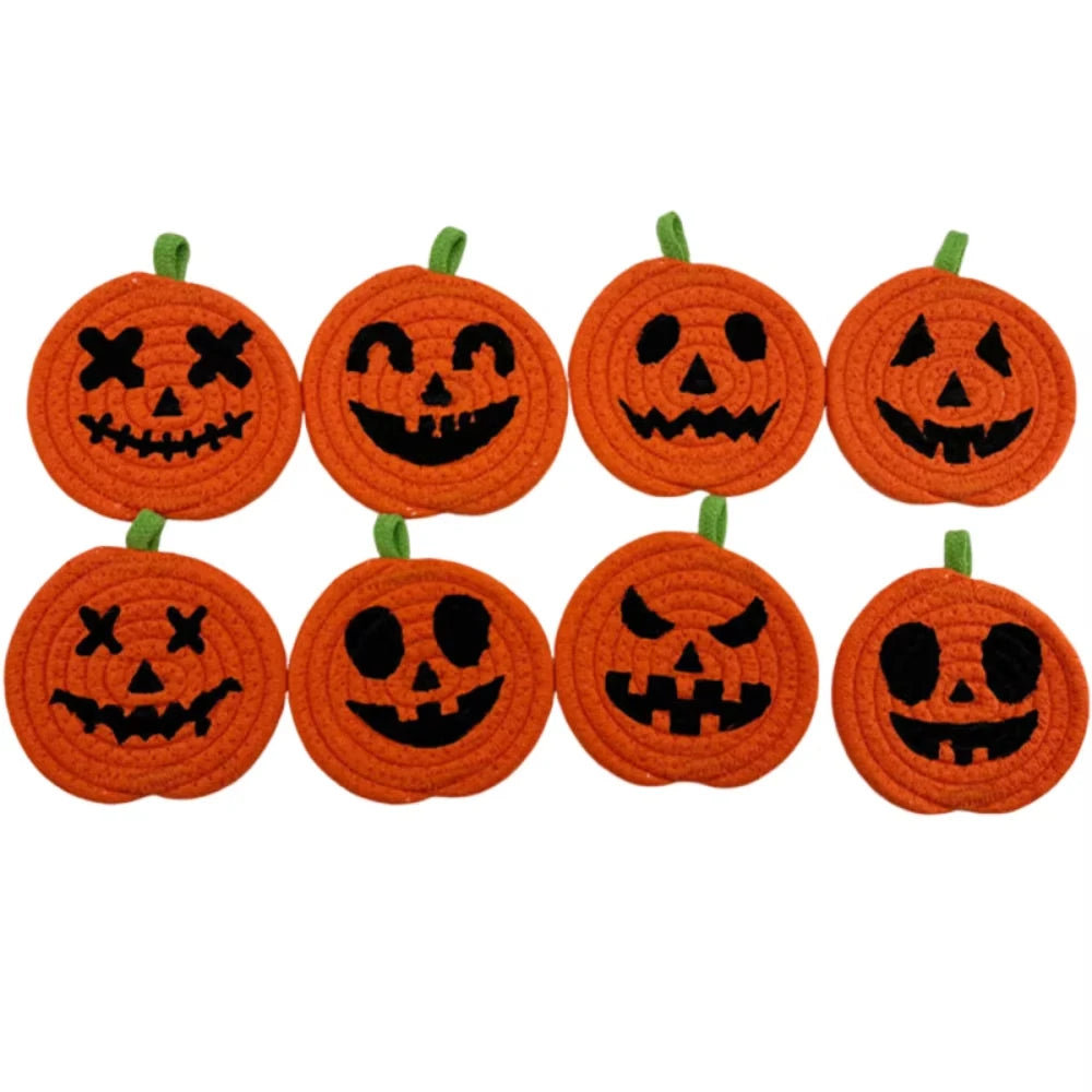 Halloween Coasters, Handwoven Cotton Pumpkin Coasters with Jack-o'-Lantern Faces, Absorbent Drink Coasters, Set of 8