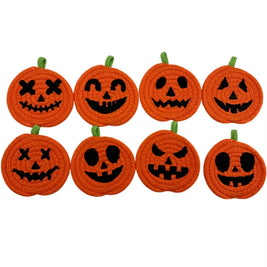Halloween Coasters, Handwoven Cotton Pumpkin Coasters with Jack-o'-Lantern Faces, Absorbent Drink Coasters, Set of 8