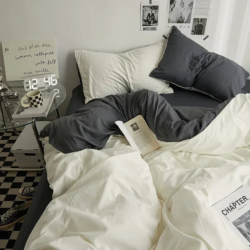 Washed Cotton Bedding Set of 4, Soft Duvet Cover, Sheet & Pillowcases, Solid Color, 14 Colors, 5 Sizes