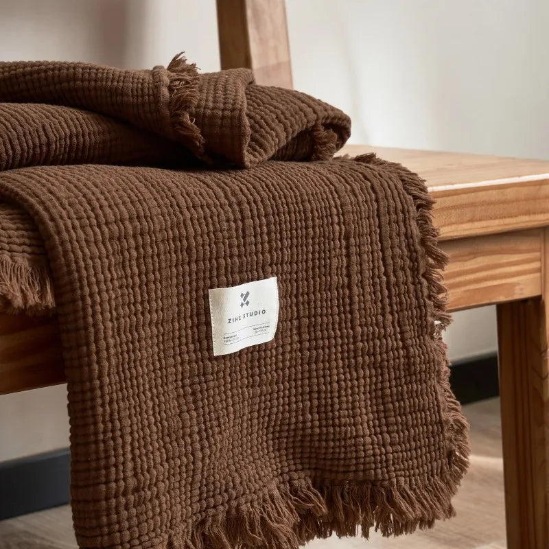 Four Layer Cotton Gauze Blanket with Tassels, Breathable Sofa Throw & Bed Blanket, 100% Cotton, 7 Colors, 2 Sizes