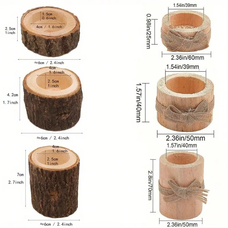 Pack of 9 Wooden Log Tealight Holders, Rustic Candle Holder Set for Fall Table & Mantel, Natural Bark or Jute Bow, Set of 3, 1-2.8in