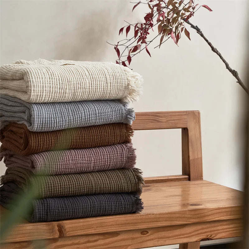 Four Layer Cotton Gauze Blanket with Tassels, Breathable Sofa Throw & Bed Blanket, 100% Cotton, 7 Colors, 2 Sizes