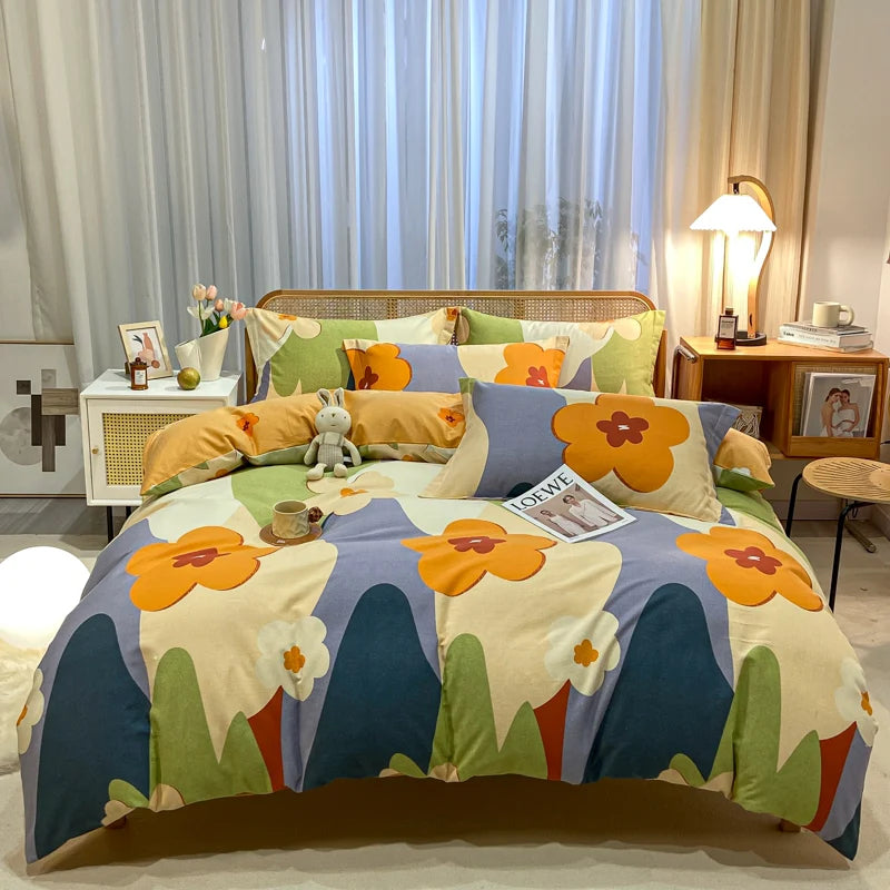 Retro Print Bedding Set of 4 with Duvet Cover, Flat Sheet & 2 Pillowcases, 100% Cotton, Brushed Finish, 23 Designs, 2 Sizes