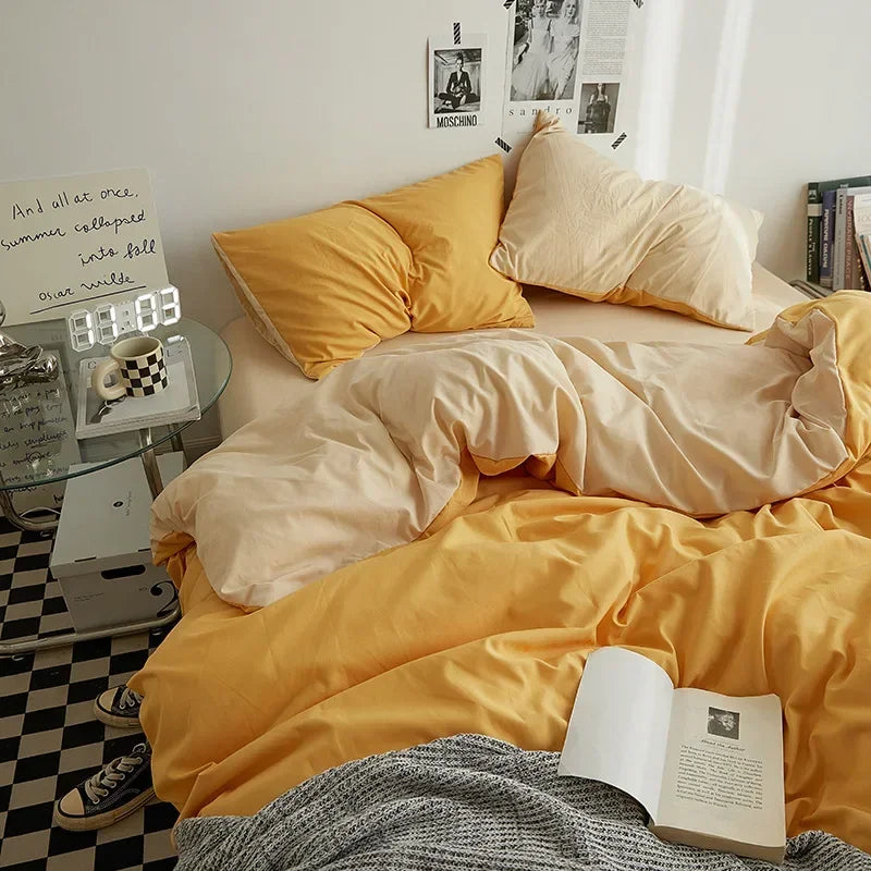 Washed Cotton Bedding Set of 4, Soft Duvet Cover, Sheet & Pillowcases, Solid Color, 14 Colors, 5 Sizes