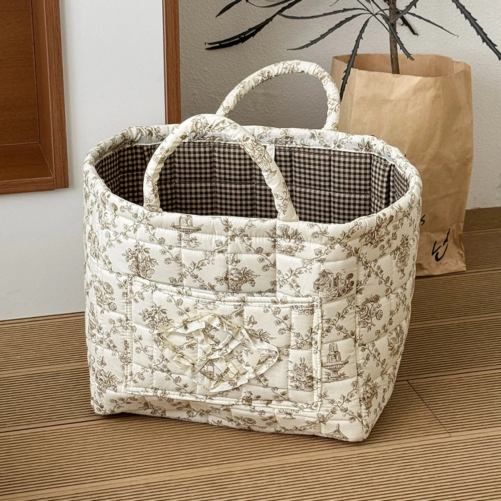 Quilted Cotton Storage Basket with Handles, Floral Tote Basket for Halloween Candy, Toys & Blankets, 9 Patterns, 12.6in