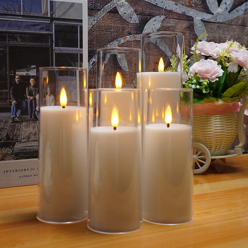 Flameless Candles with Remote, White LED Pillar Candles in Clear Acrylic Shells, Flickering, Battery Operated, Set of 5, 5.5-8.5in